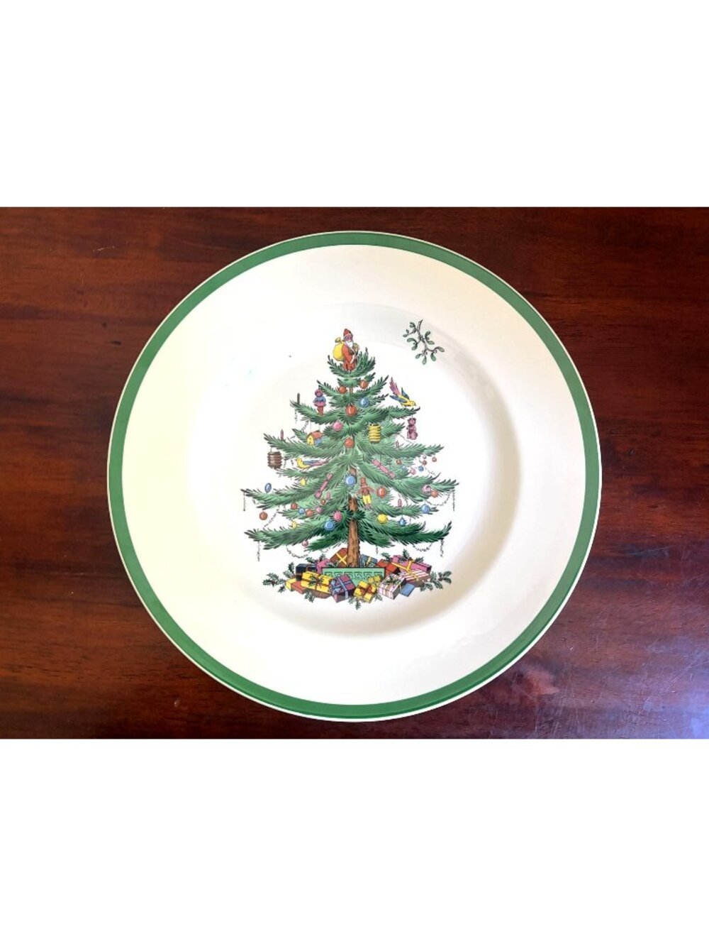 Spode Christmas Tree 10 1/2" Diameter, Porcelain, Green Rimmed Dinner Plate, Eng
